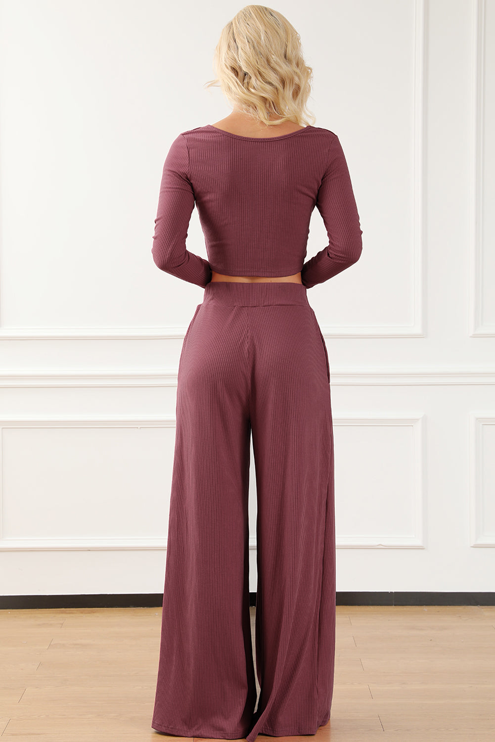 Solid Color Ribbed Crop Top Long Pants Set | Women