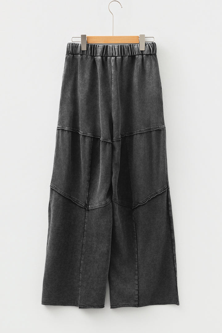 Black Mineral Wash Tiered Wide Leg Patchwork Drawstring Pants
