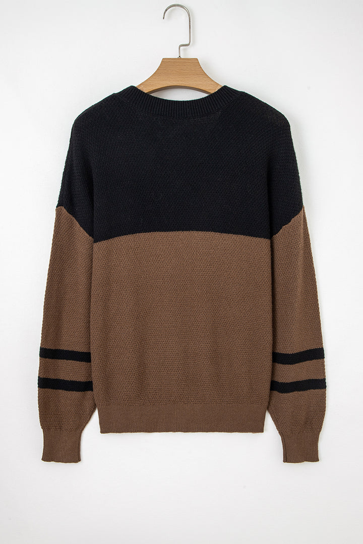 Dark Brown Color Block Knit Striped Sleeve Detail Casual Sweater