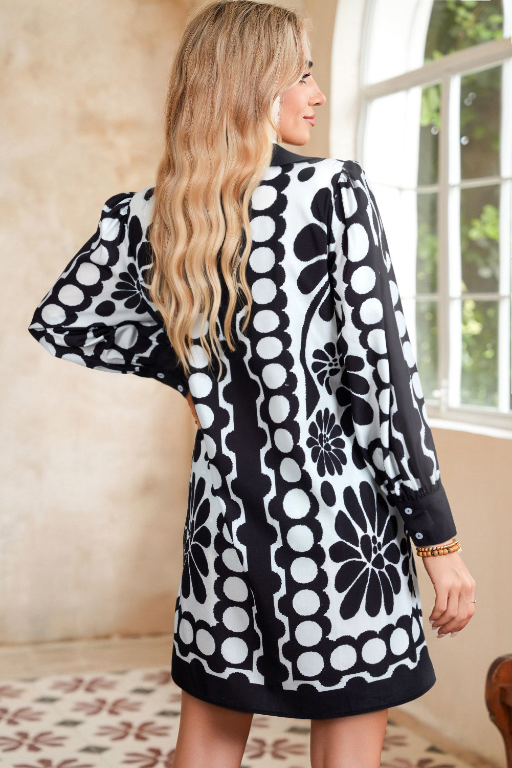Black Polka Dot Floral Printed V Neck Long Sleeve Shift Mini Dress