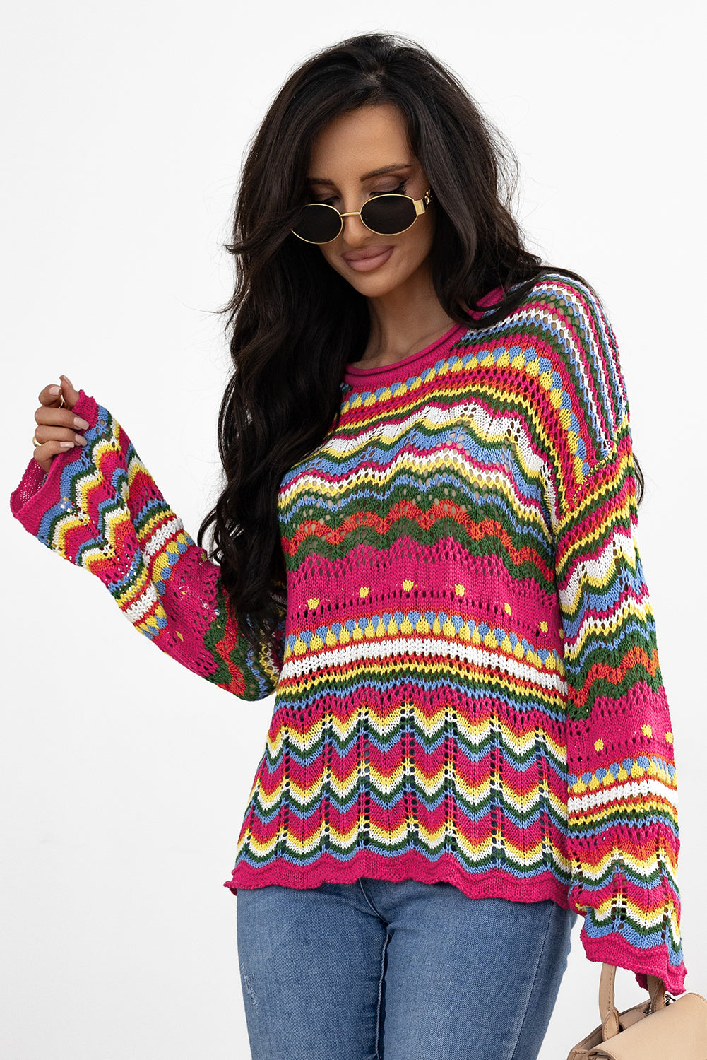 Rose Red Colorblock Striped Hollowed Knit Loose Sleeve Sweater | Women