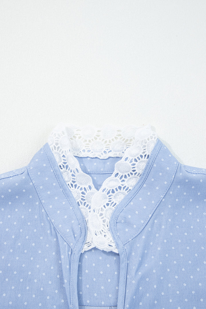 Beau Blue Lace Trim Patchwork Dotted Print Collared Denim Blouse