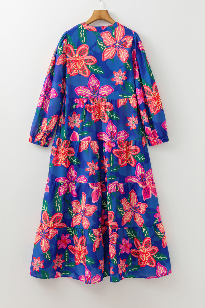 Blue Floral Print 3/4 Sleeve V Neck Tiered Long Dress