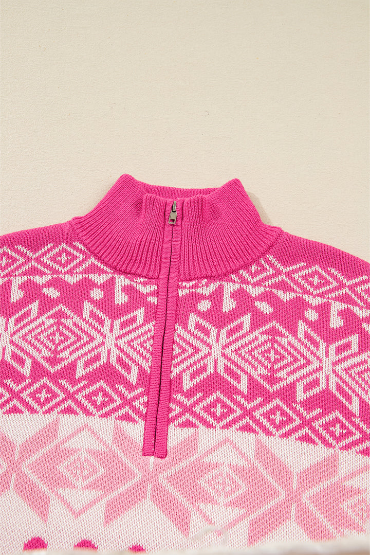 Rose Red Christmas Snowflake Quarter Zip Collard Sweater