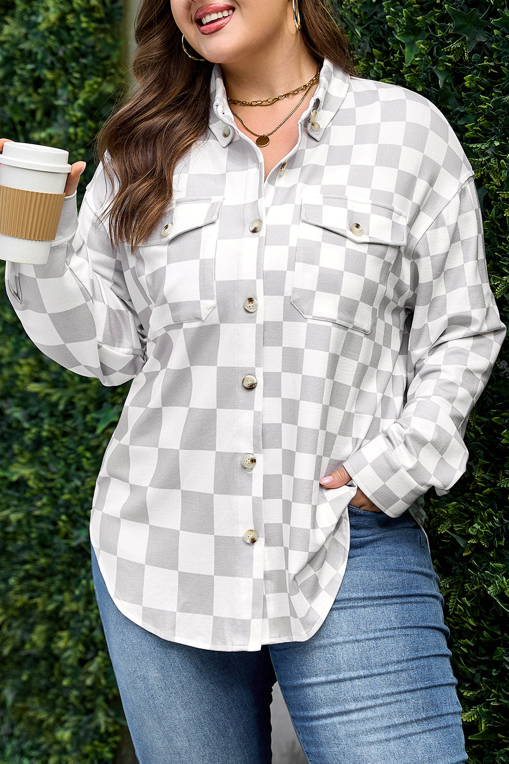 Khaki Plus Size Checkered Buttoned Down Casual Western Jacket