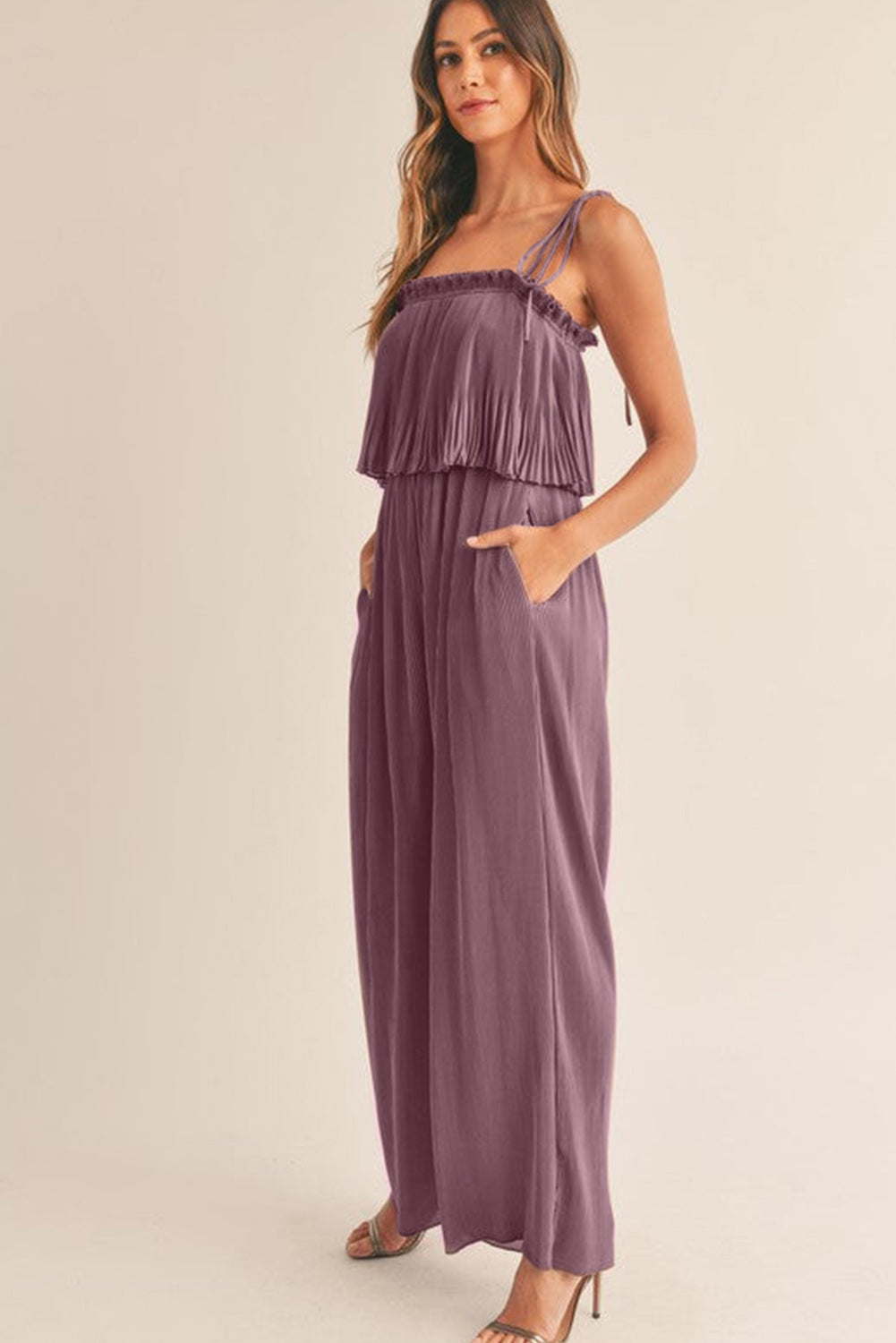 Rose Tan Solid Self Tied Straps Pleated Wide Leg Jumpsuit | Women