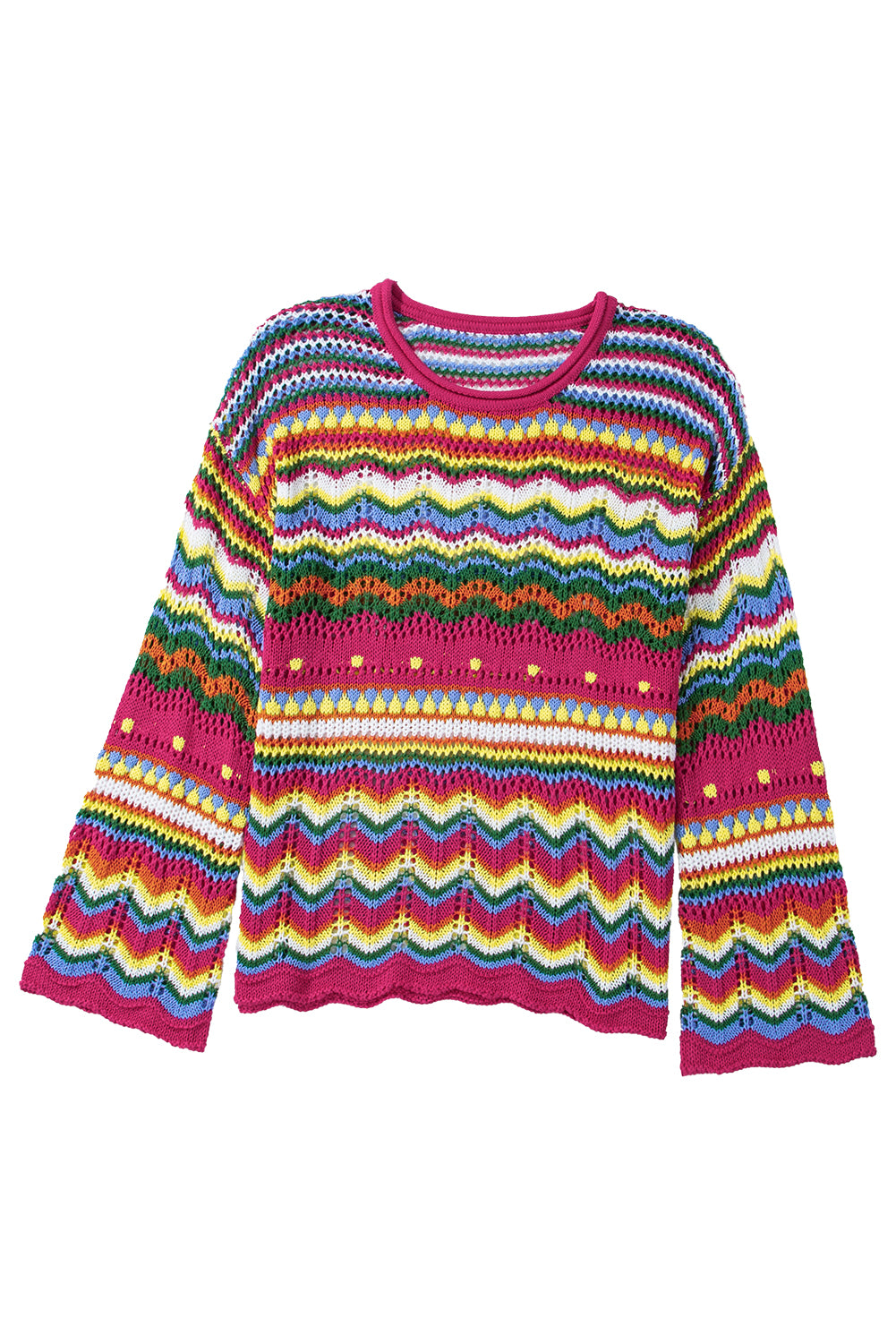 Rose Red Colorblock Striped Hollowed Knit Loose Sleeve Sweater | Women