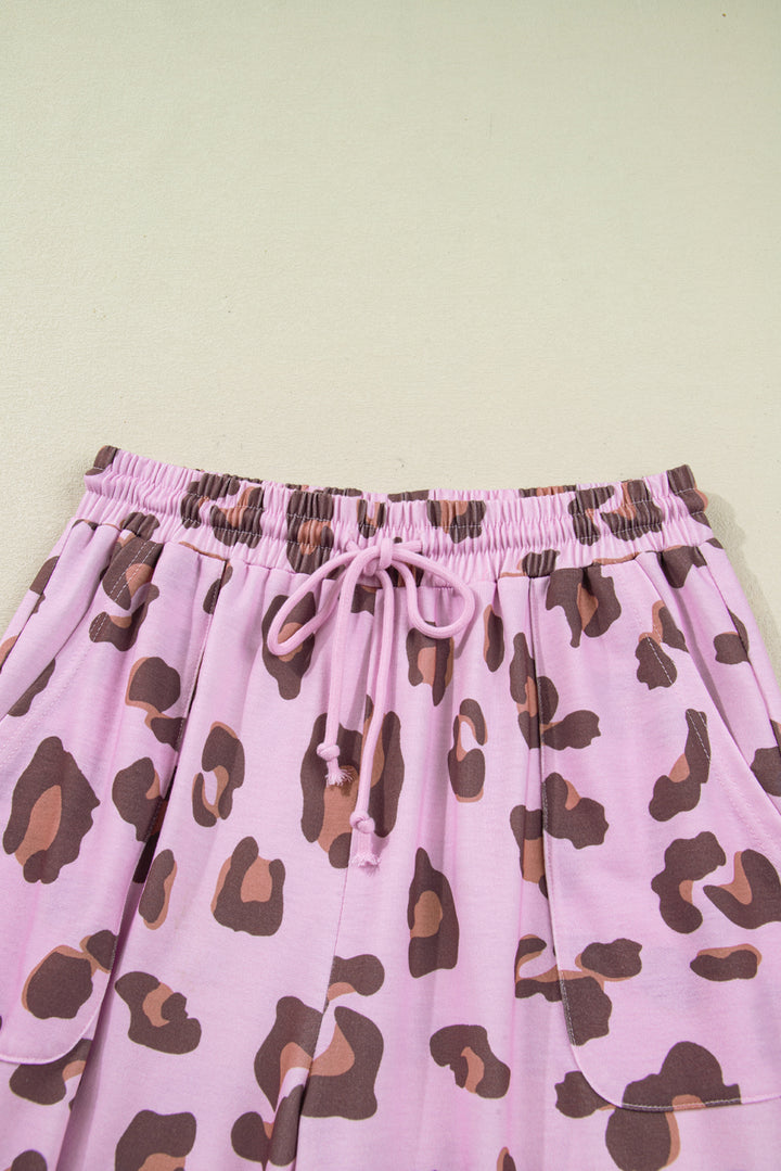 Pink Drawstring Leopard Print Patch Pocket Loose Pants