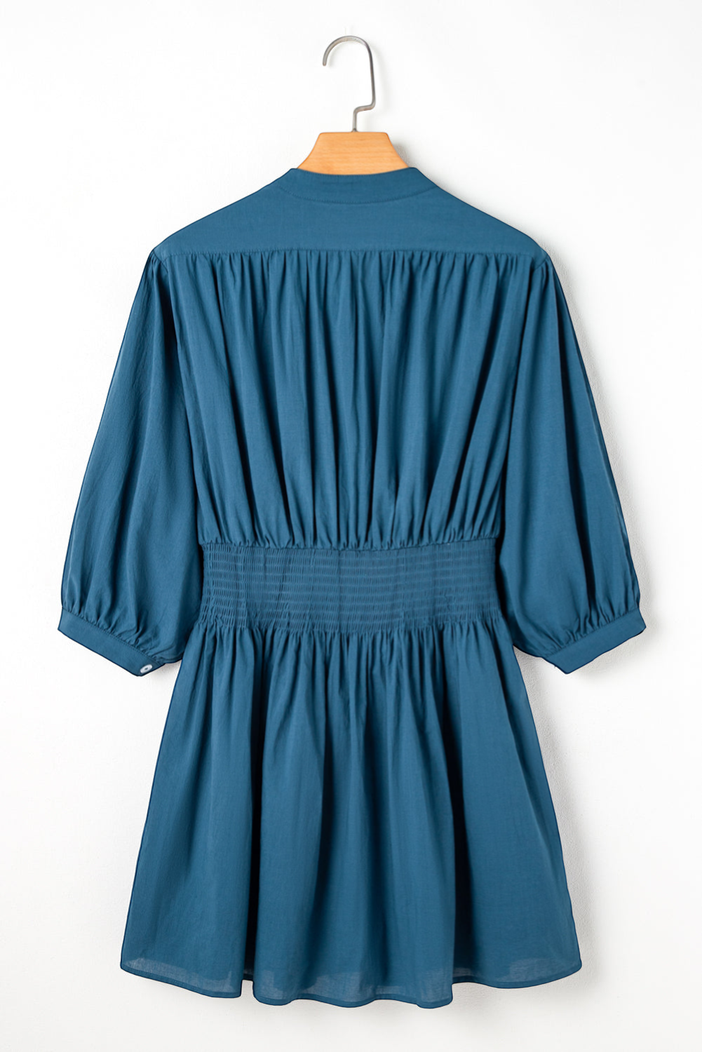 Prussian Blue 3/4 Sleeve Shirred High Waist Buttoned Mini Dress