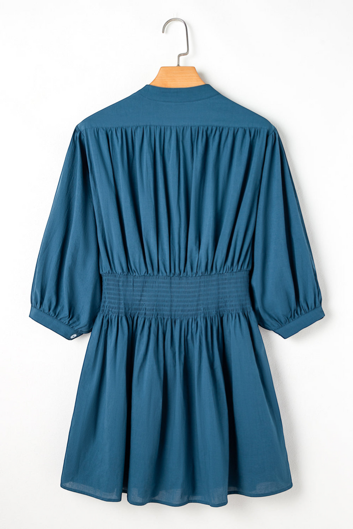 Prussian Blue 3/4 Sleeve Shirred High Waist Buttoned Mini Dress