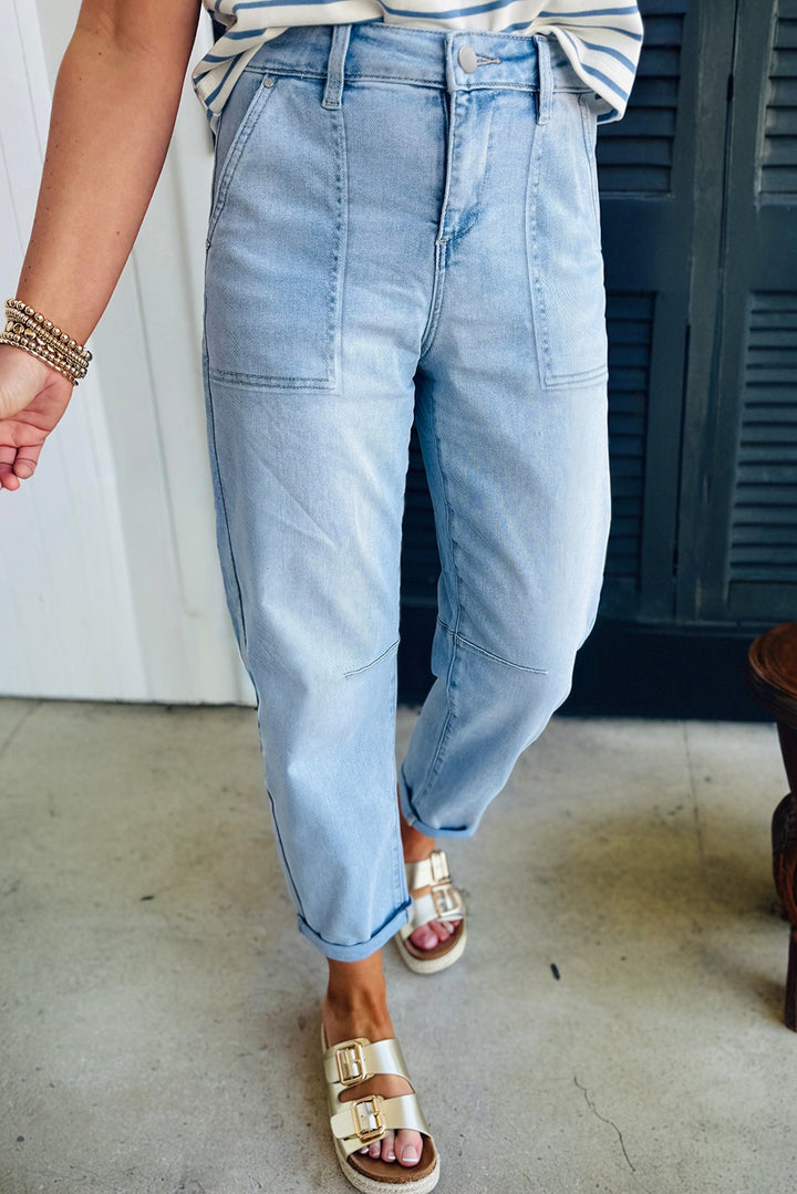 Beau Blue High Rise Barrel Relaxed Patch Pocket Jeans