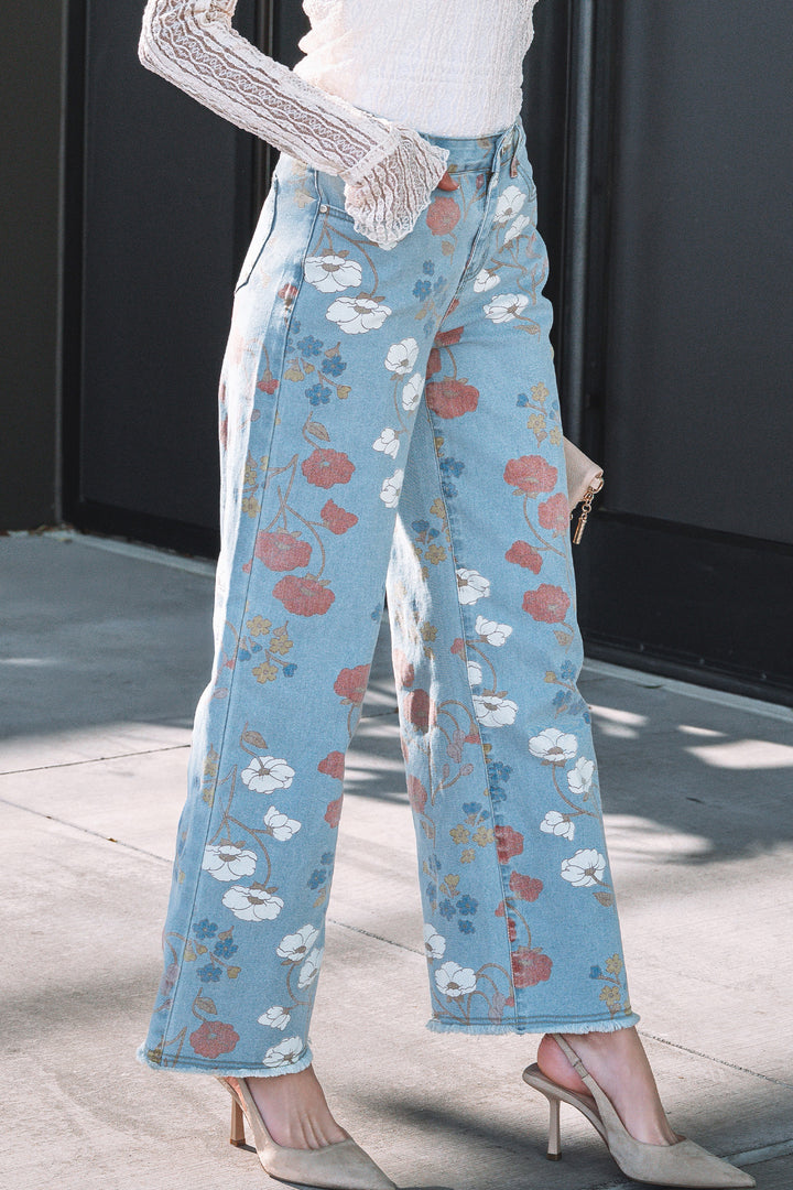 Sky Blue Floral Printed Raw Hem Shift Jeans