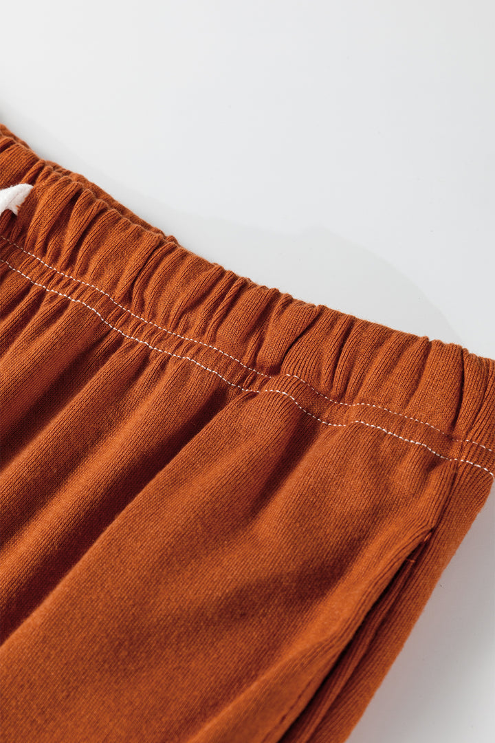 Grapefruit Orange Contrast Stitching Buttoned V Neck Half Sleeve Top and Drawstring Flare Pants Set