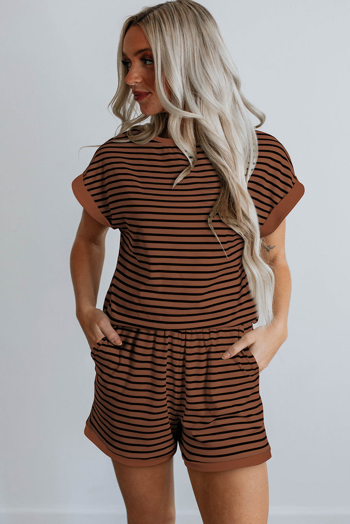 Brown Cotton Stripe Ribbed Dolman Tee Elastic Waist Casual Short Set
