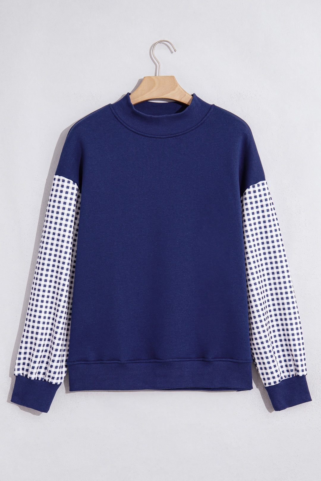 Dirty blue Plaid Sleeve Colorblock Loose Tunic Sweatshirt