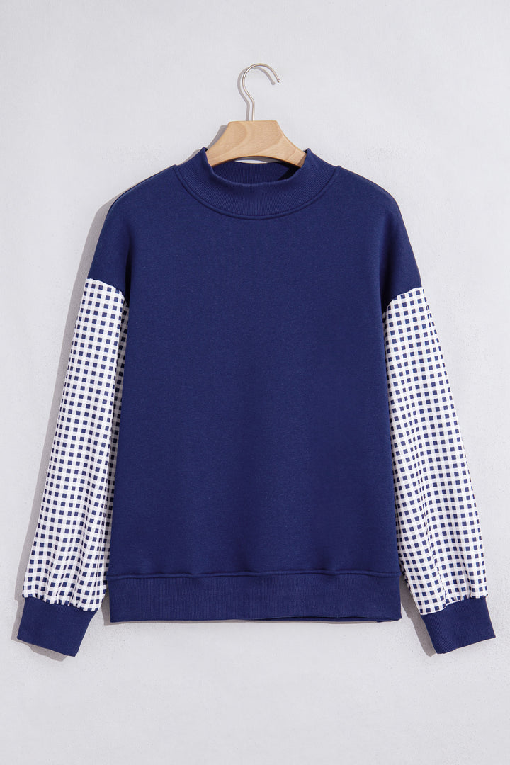 Dirty blue Plaid Sleeve Colorblock Loose Tunic Sweatshirt