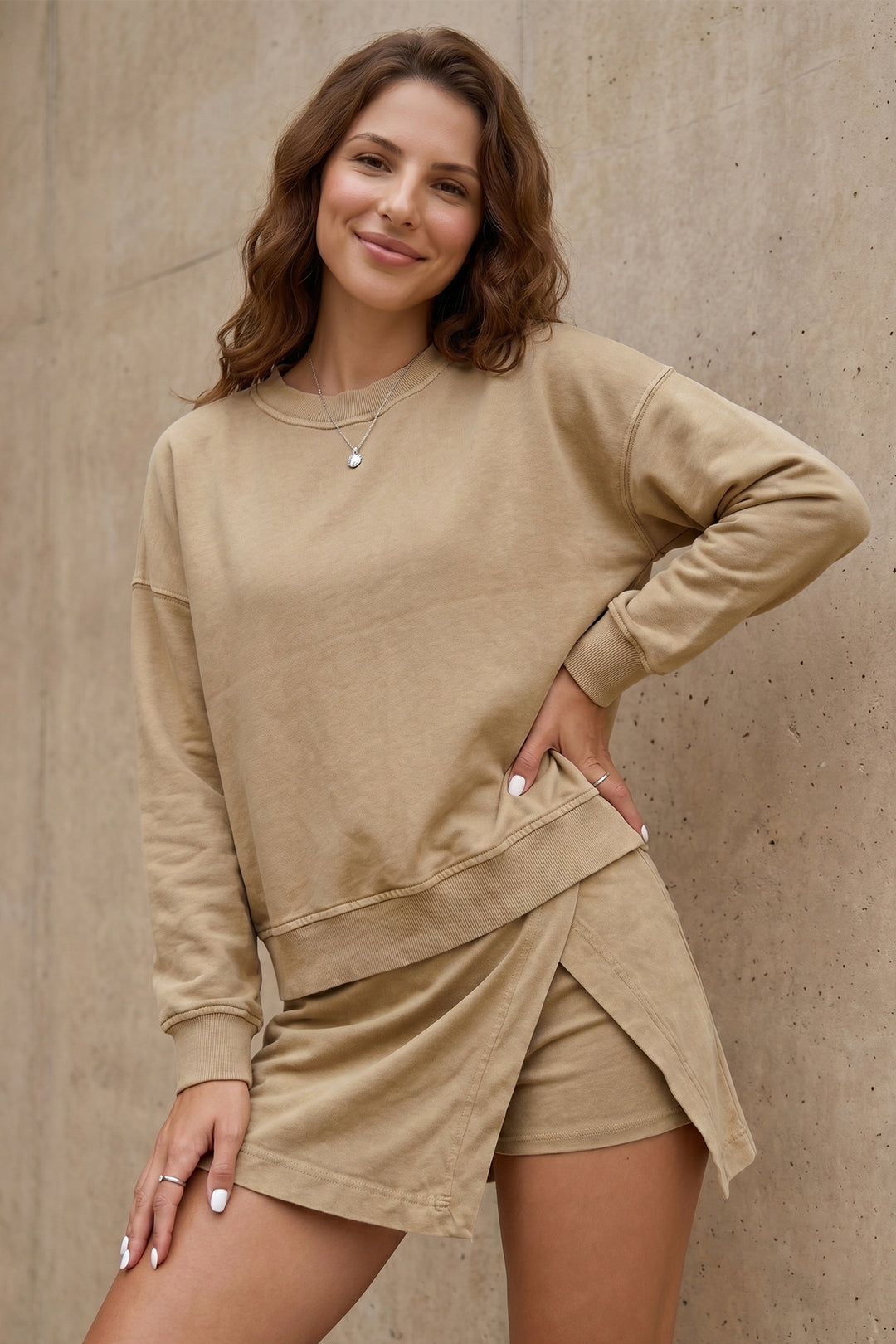 Parchment Solid Color Long Sleeve Top Split Skort 2pcs Outfit