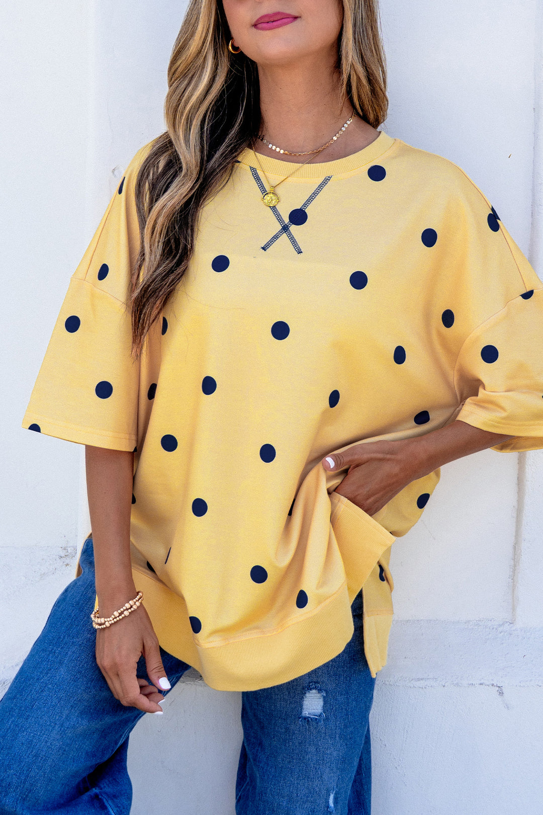Yellow Polka Dot Print Crossed Seam Detail Oversize Tee