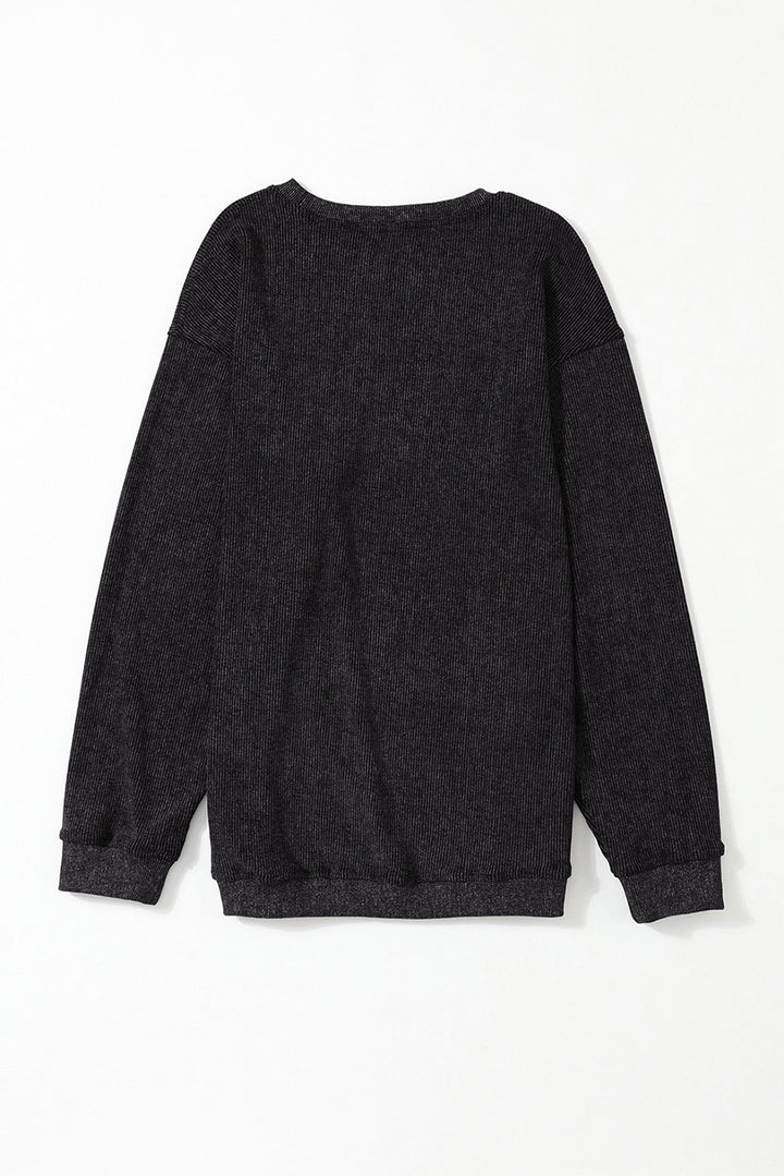 Black Solid Ribbed Knit Round Neck Pullover Sweatshirt