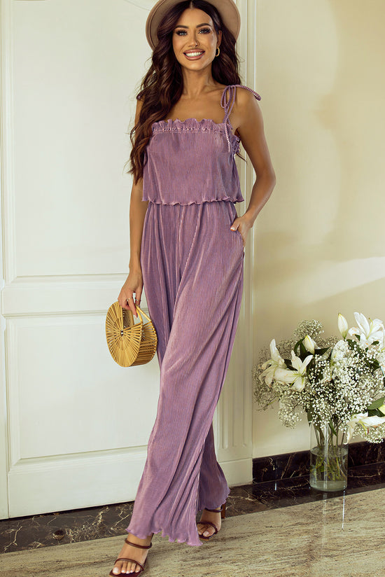 Rose Tan Solid Self Tied Straps Pleated Wide Leg Jumpsuit | Women