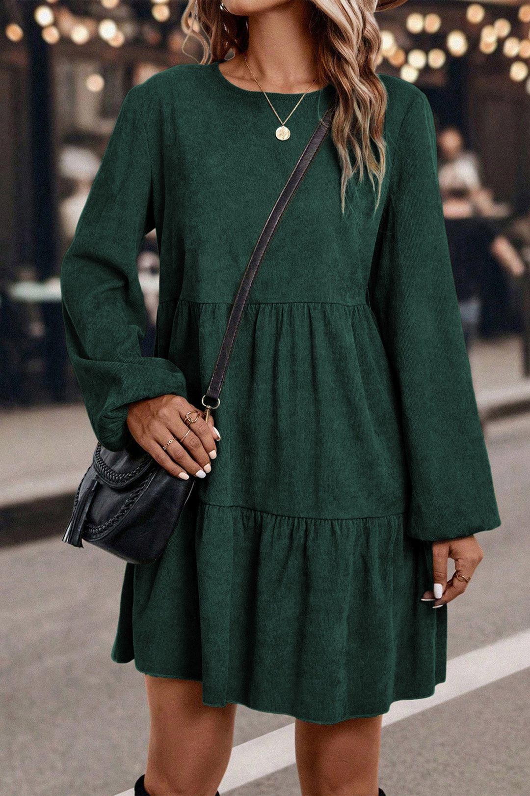Dark Brown Lantern Sleeve Tiered Mini Dress