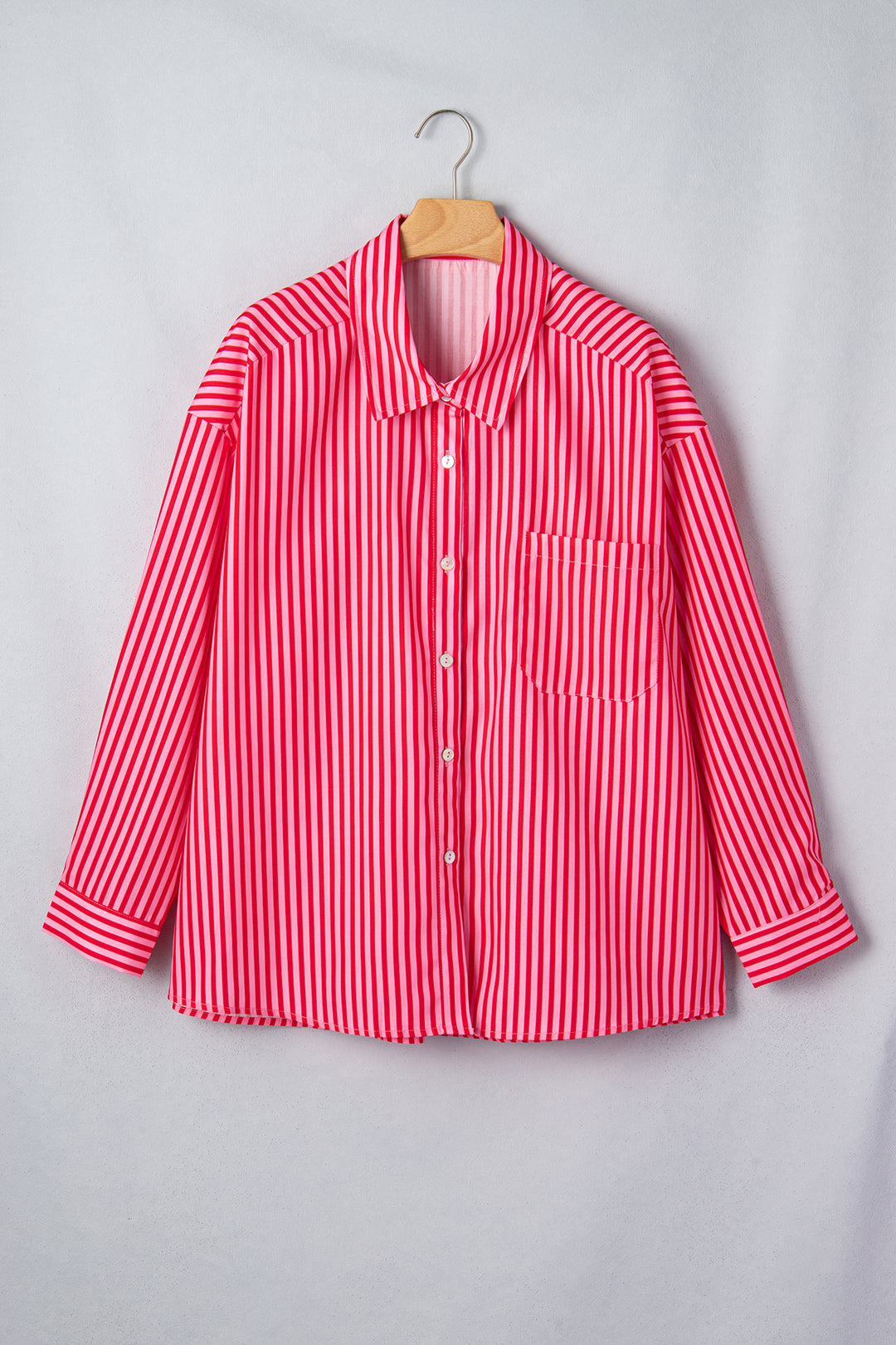 Red Stripe Button-Up Shirt Long Sleeve Patch Pocket Casual Shirt