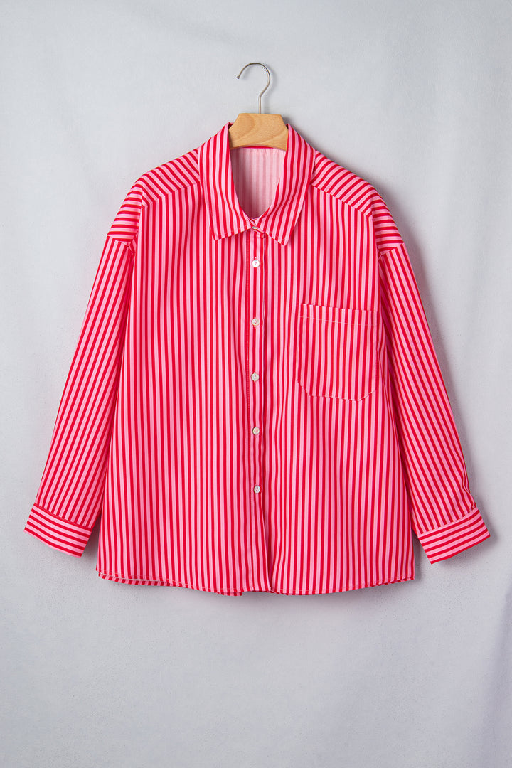 Red Stripe Button-Up Shirt Long Sleeve Patch Pocket Casual Shirt