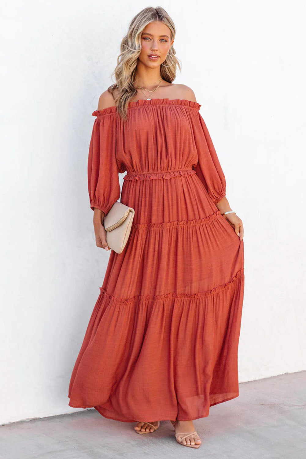 Orange Off Shoulder Balloon Sleeve Cutout Ruffled Maxi Dress  | Women