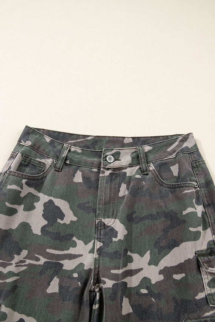 Green Camo Denim Cargo Wide Leg Pants