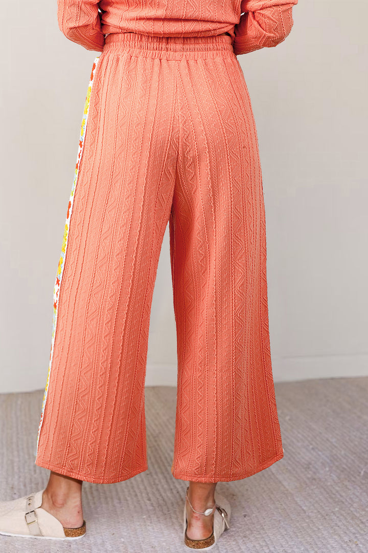 Grapefruit Orange Crochet Floral Accent V Neck Textured Pants Set