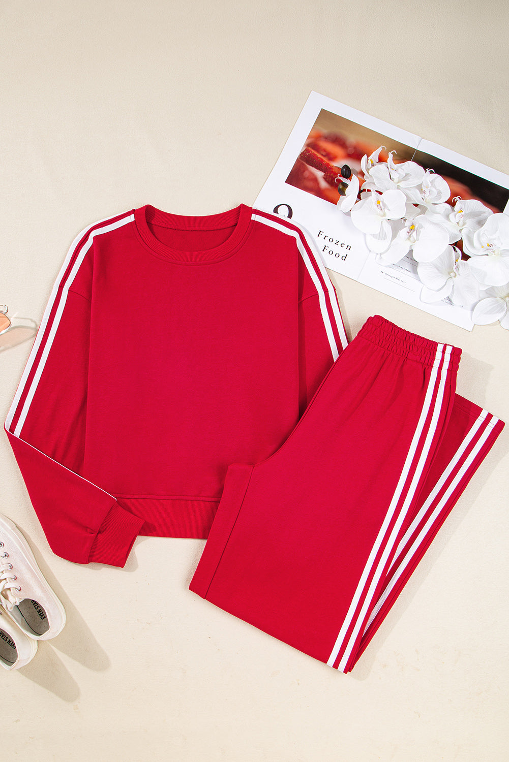 Fiery Red Varsity Striped Detail Crewneck Pullover Elastic Sweatpants 2pcs Outfit