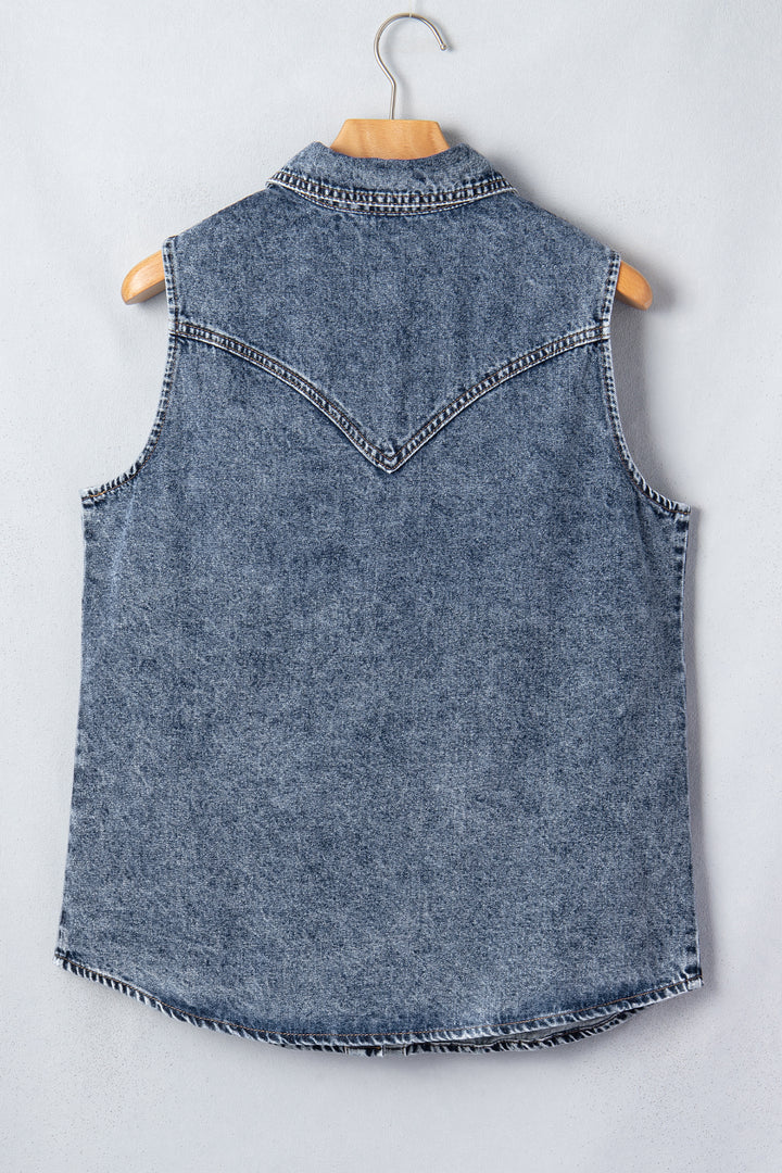 Ashleigh Blue Solid Denim Button Front Pocket Sleeveless Cowboy Vest