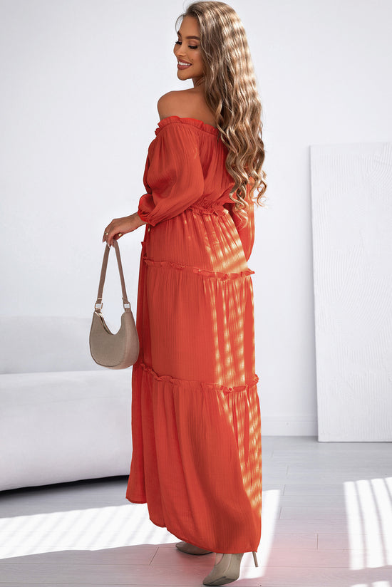 Orange Off Shoulder Balloon Sleeve Cutout Ruffled Maxi Dress  | Women