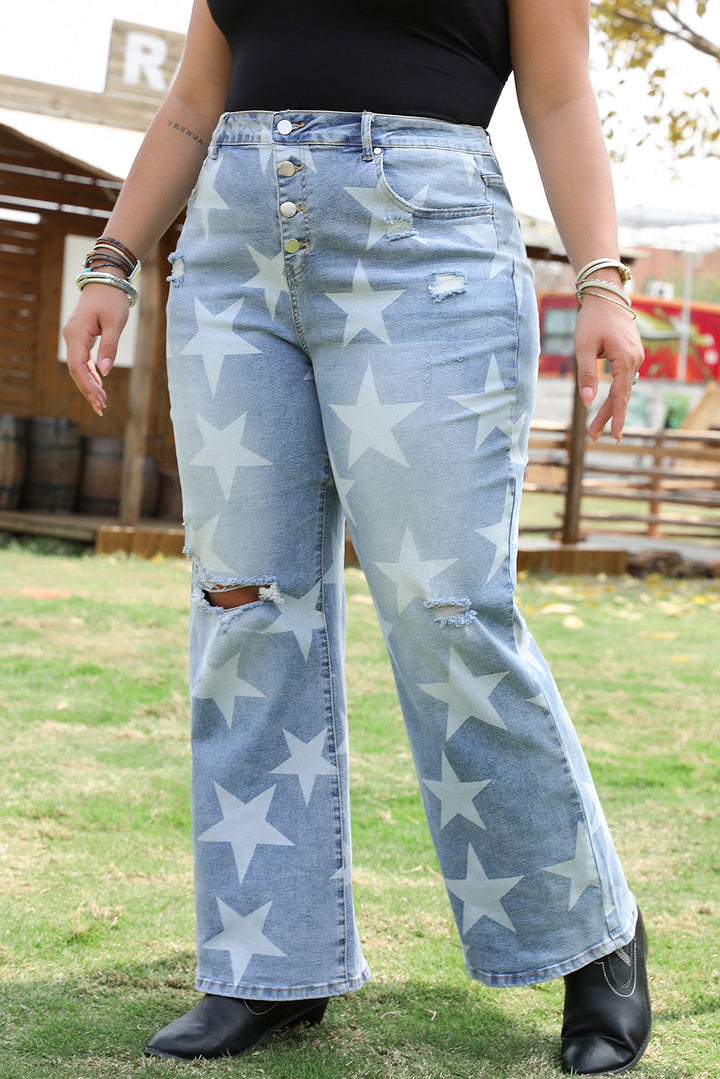 Sky Blue Star Printed Multi Buttons Slit Knee Destroyed Plus Size Jeans