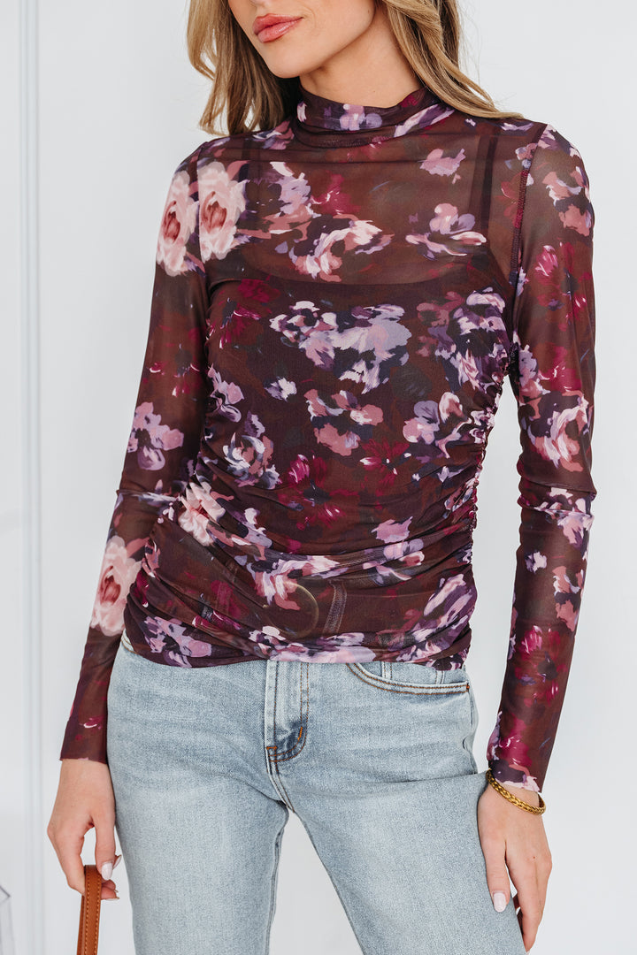 Brown High Neck Ruched Floral Mesh Top
