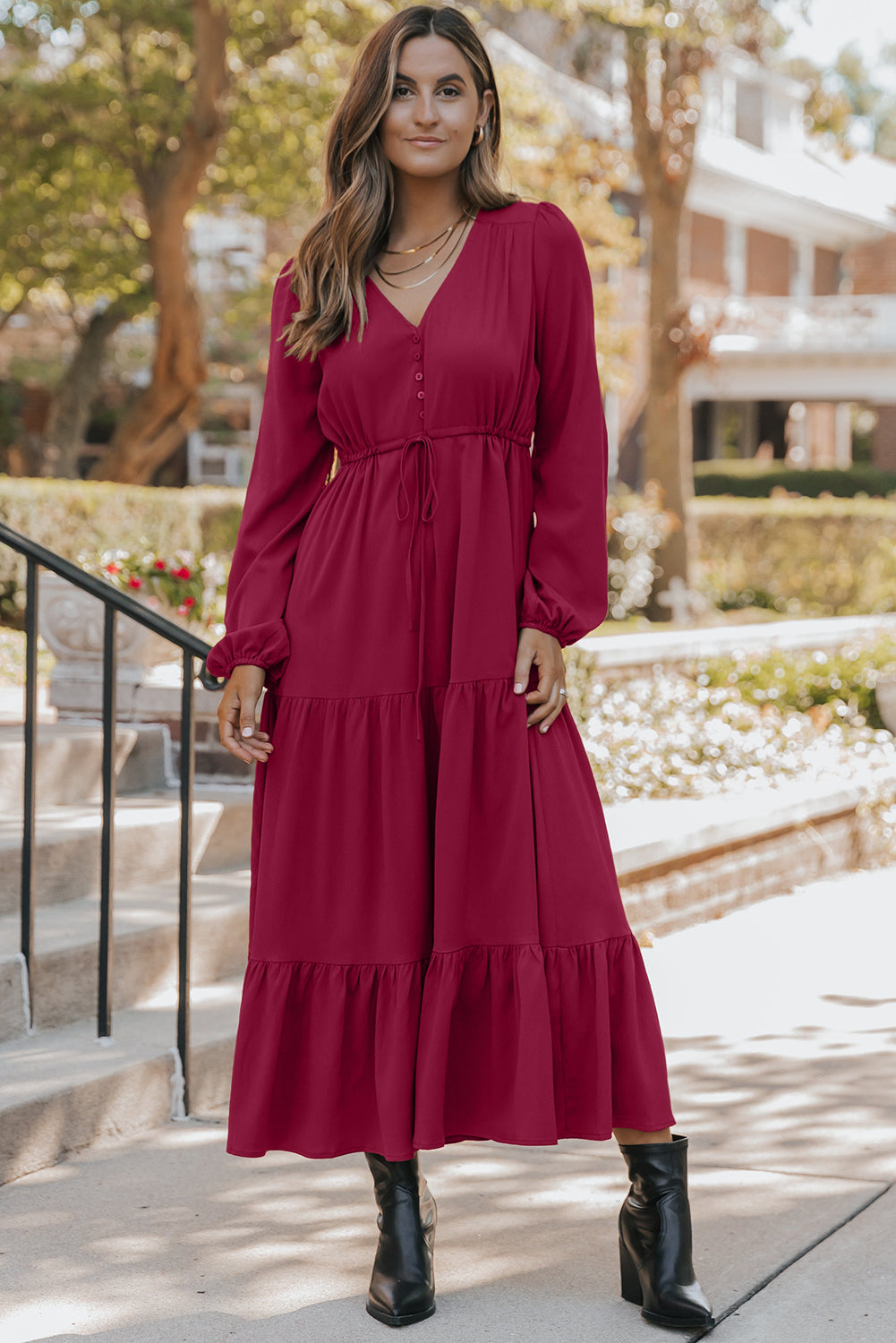 Chestnut Solid Long Sleeve Button V Neck Tiered Maxi Dress