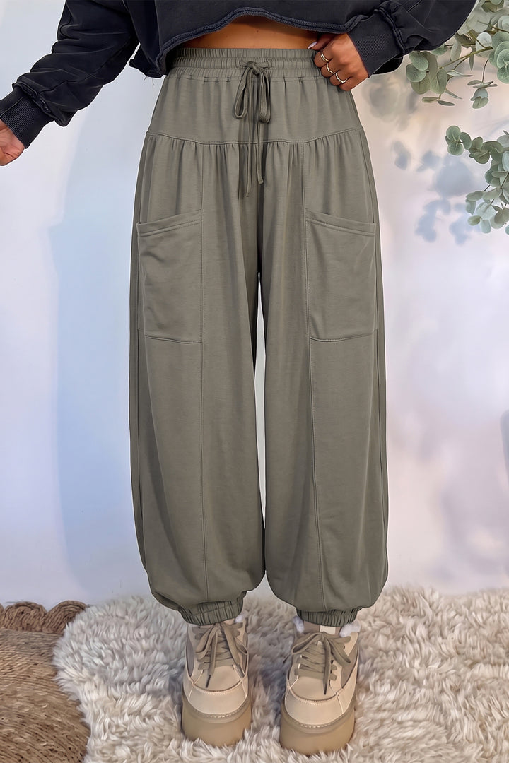 Dirty blue Elastic Waist Drawstring Wide Leg Full Length Pants