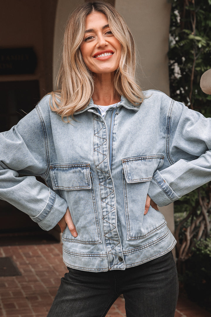 Beau Blue Street Style Zip Up Washed Denim Jacket