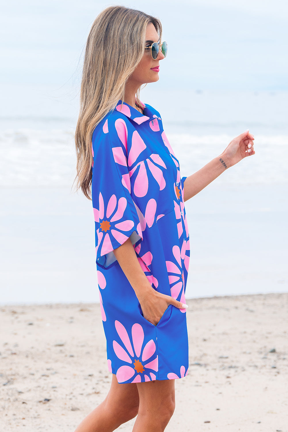 Blue Summer Flower Print Shirt Collar Button Front Loose Romper