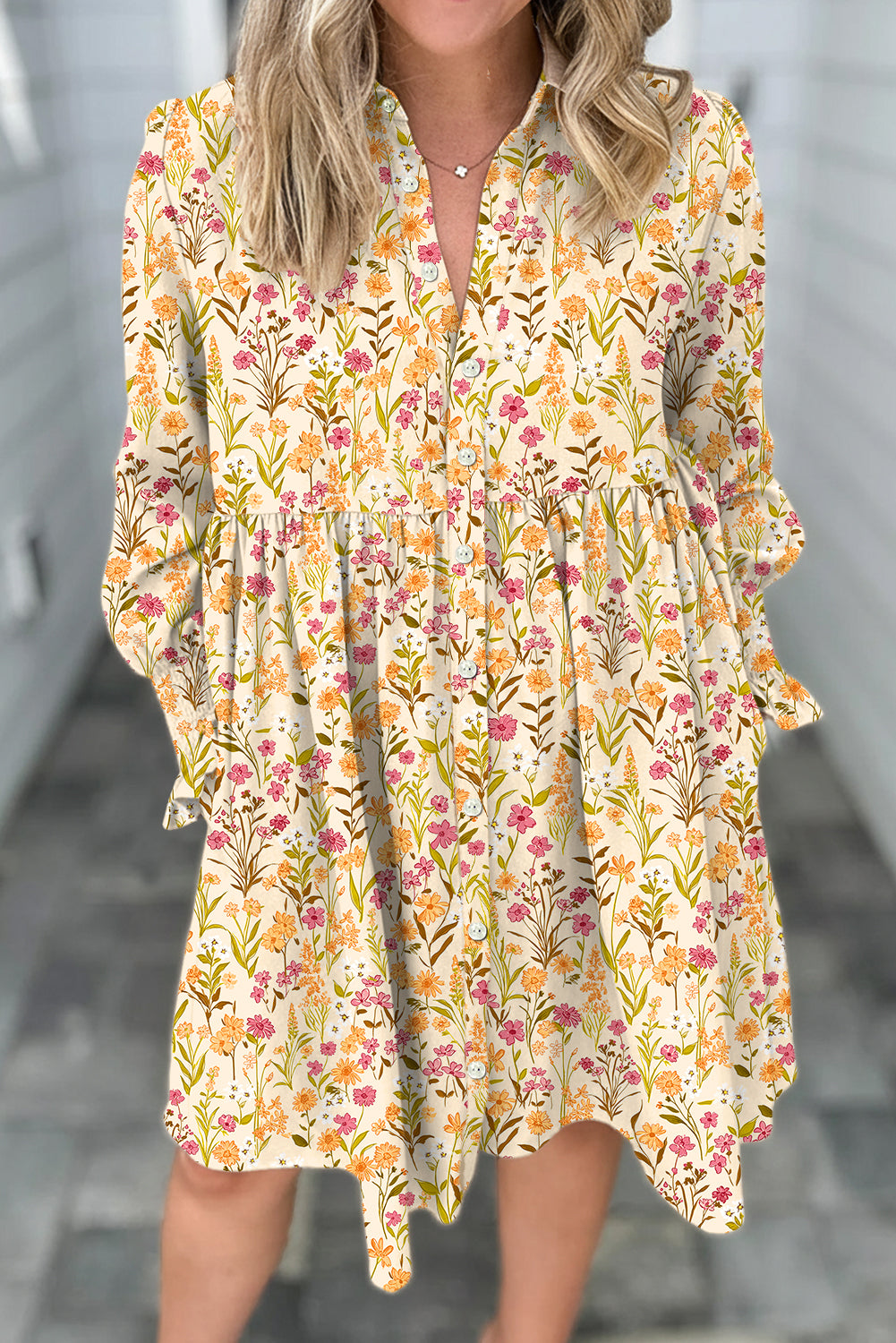 Woman wearing a floral dress with a blurred background