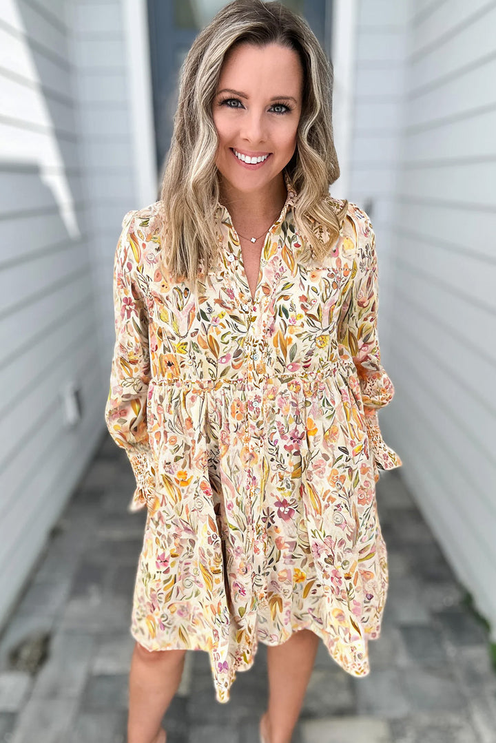 Yellow Floral Print Frilly Trim Smocked Cuff Long Sleeve Loose Shirt Dress