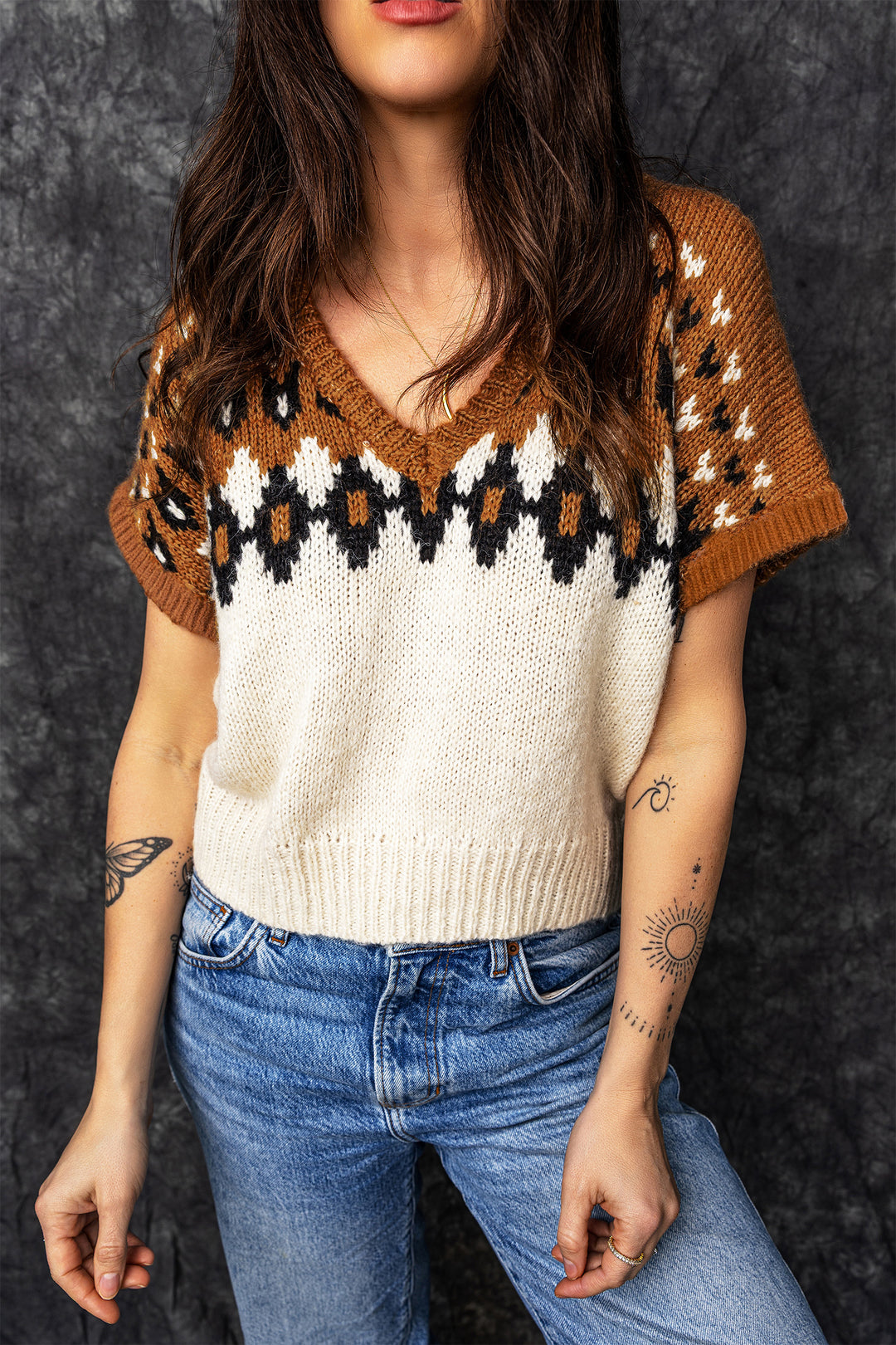 Brown V Neck Short Sleeve Geometric Print Western Style Knit Tee