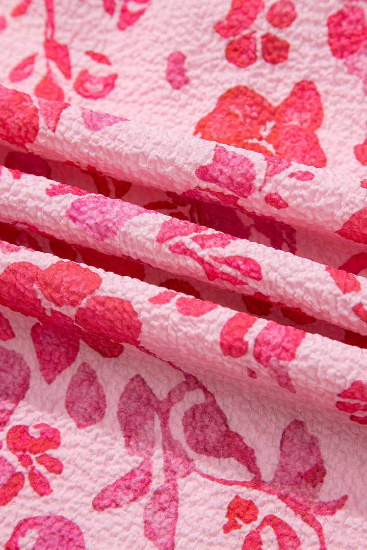 Pink Floral Puff Sleeve Split Neck Lightweight Blouse