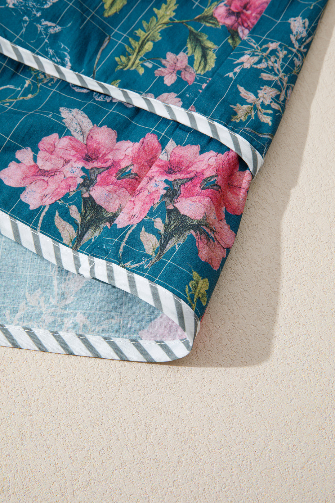 Sky Blue Floral Print Contrast Yoke Patchwork Striped Trim Long Puff Sleeve Blouse