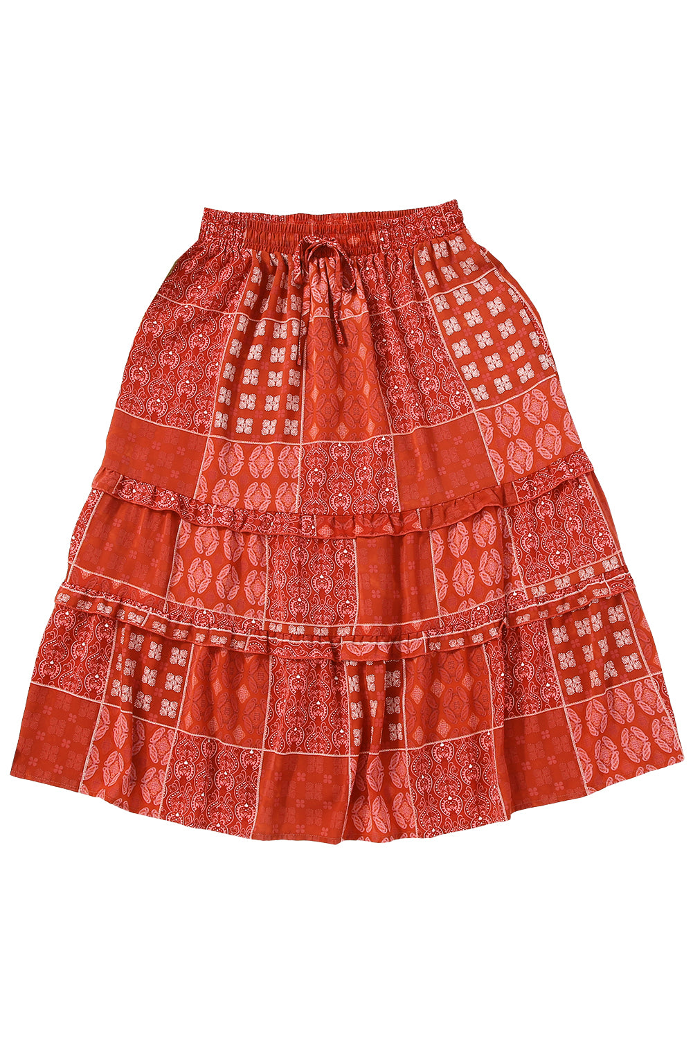 Fiery Red Bohemian Mix Print Long Flared Skirt | Women