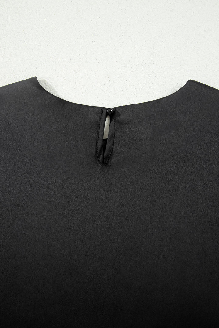 Black Asymmetric Lace Trim Short Sleeve Satin Top