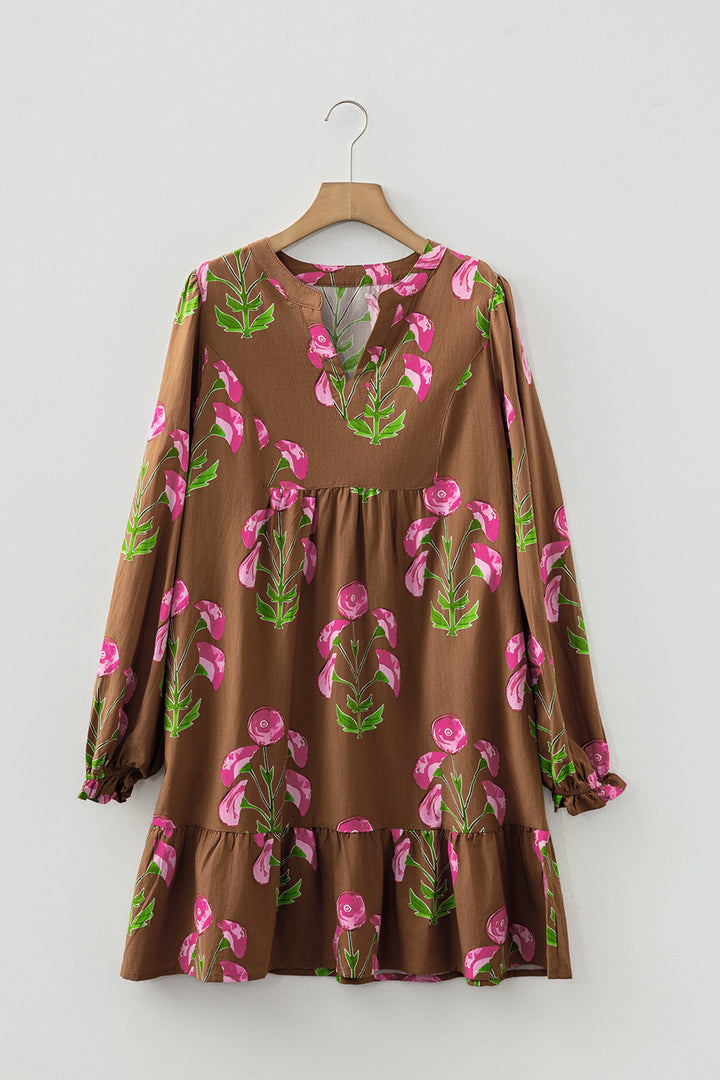 Brown Contrast Floral Print Babydoll Tunic Ruffled Hem Puff Sleeve Dress