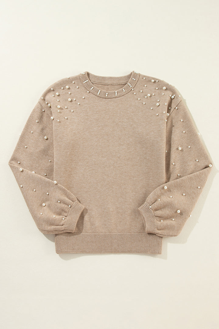 Smoke Gray Pearled Drop Shoulder Round Neck Sweater