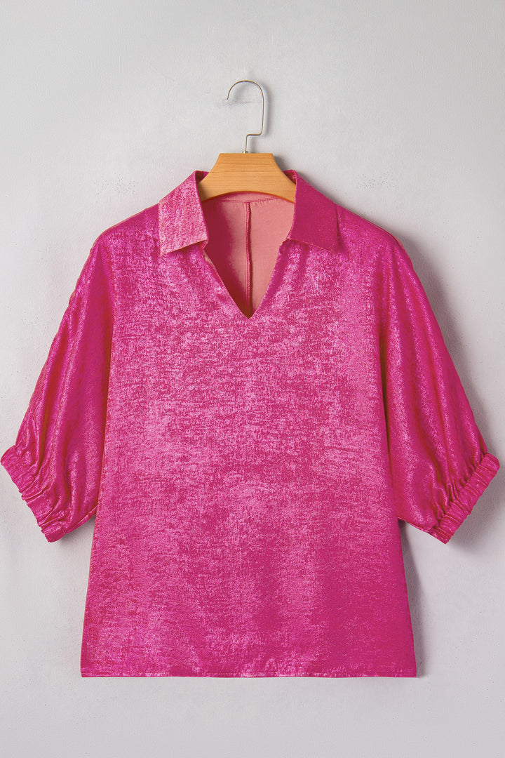 Casual Collared V Neck Half Sleeve Metallic Top
