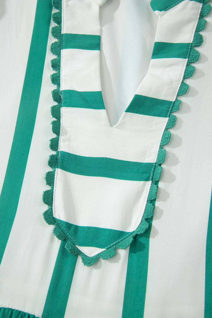 Sky Blue Stripe Ricrac Trim Notched Neck Half Sleeve Vacation Dress